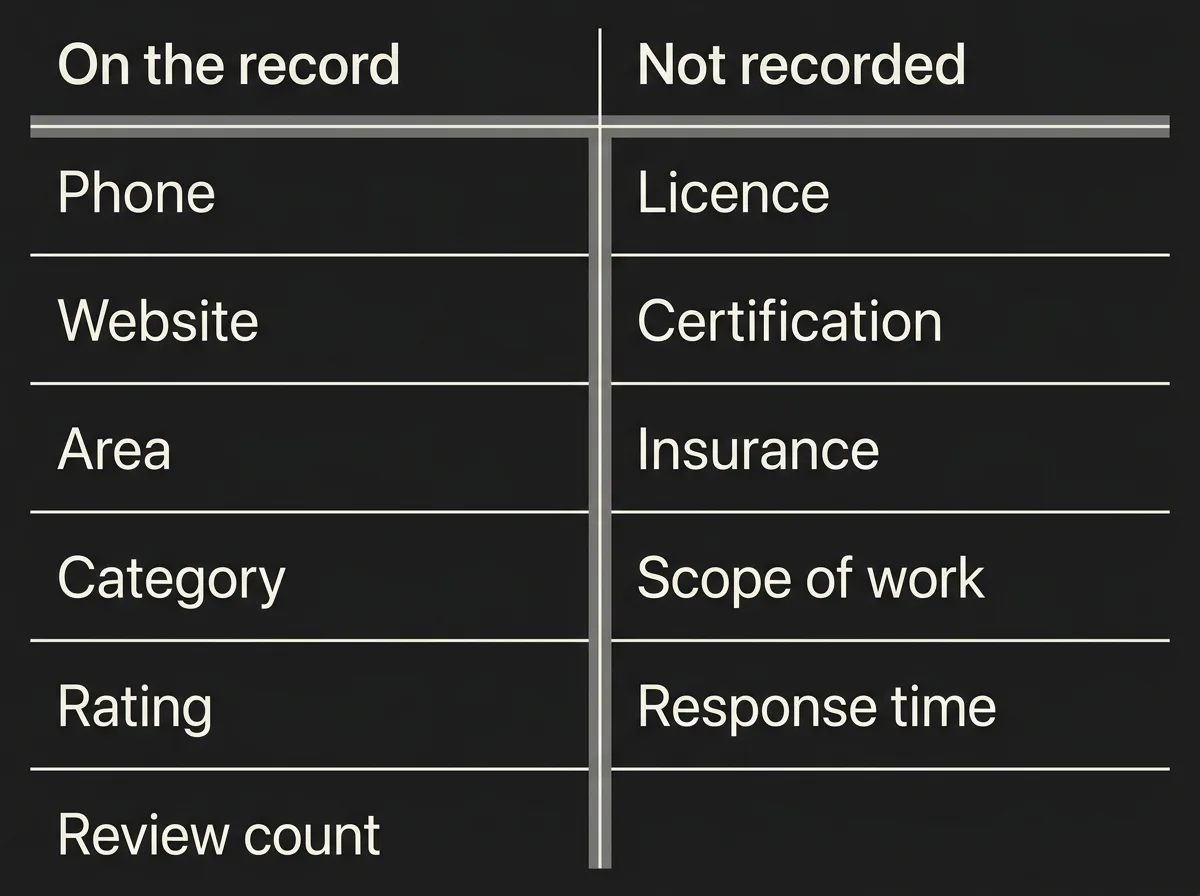 Flat two-column diagram of a listing record, one column listing the fields the index holds such as phone, website, area, category, rating and review count, the other listing the fields it does not hold such as licence, certification, insurance, scope of work and response time