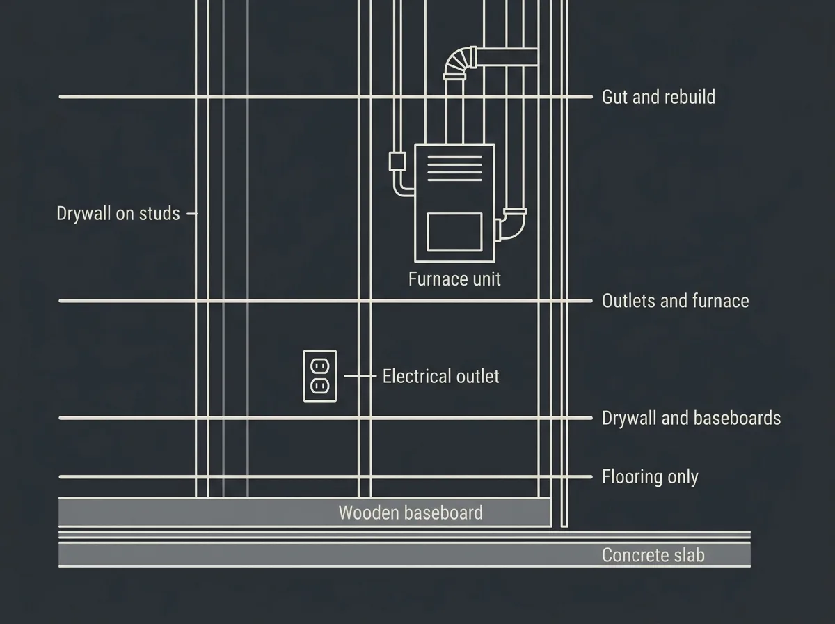 Flat cross-section diagram of a basement wall from the concrete slab upward, with four rising water lines marked against it and each line labelled for what it reaches, from flooring only up to gut and rebuild