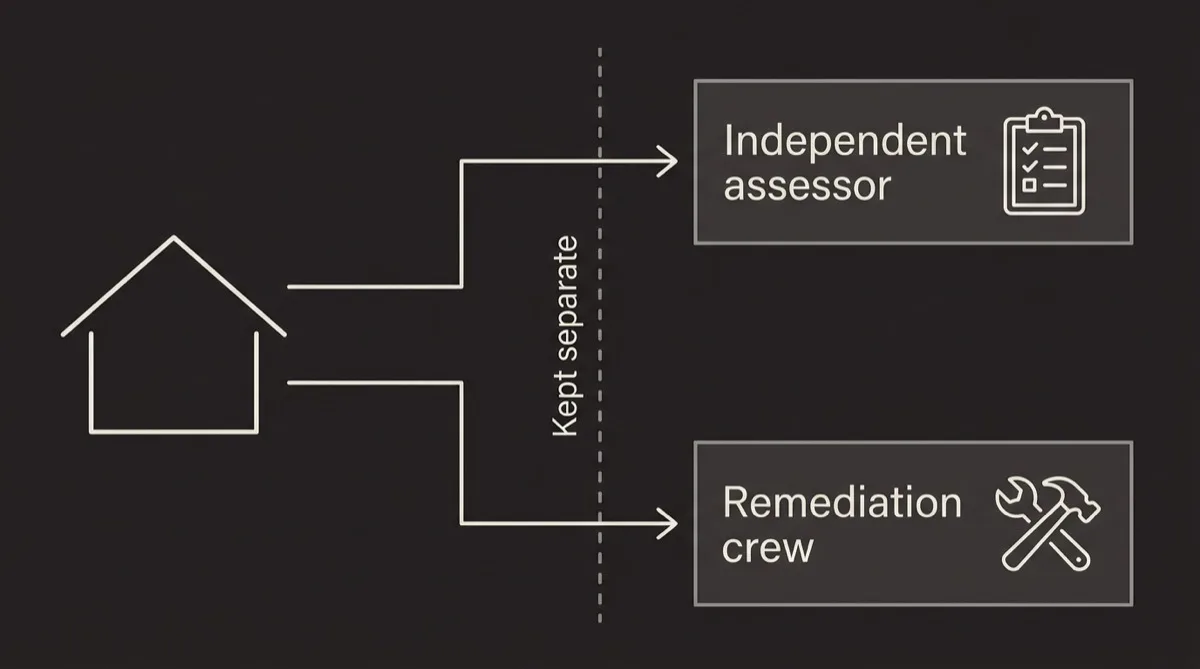 Flat diagram of two separate routes from a suspect basement, one running to an independent assessor who writes a report, the other running to a remediation crew who does the work, with a dotted line marking the point where the two must not be the same firm
