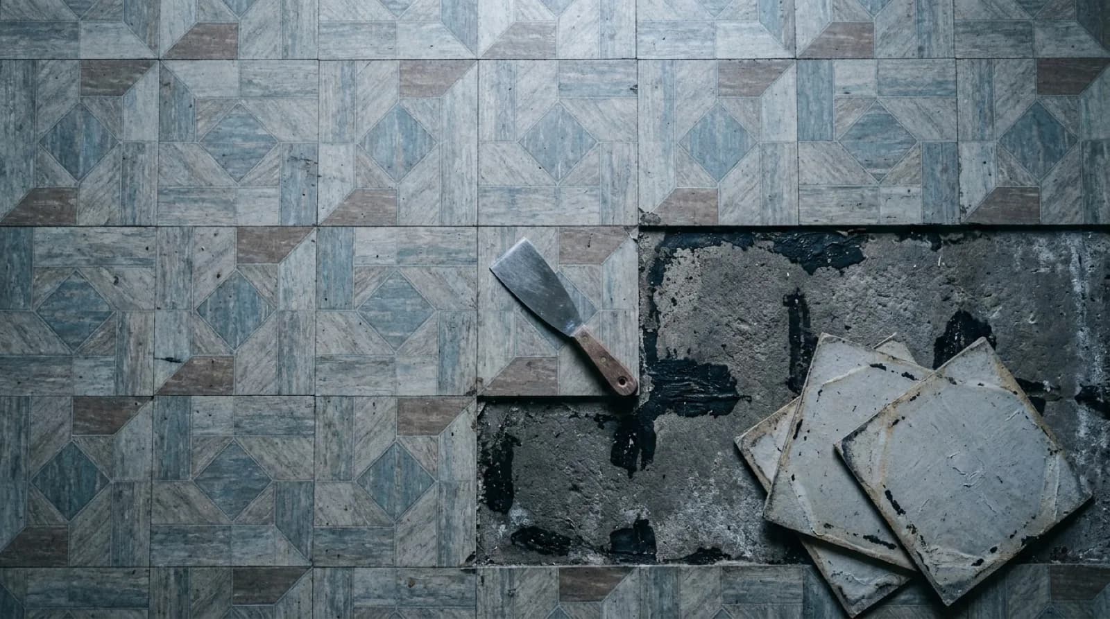A basement concrete slab with square vinyl floor tiles, several lifted at one corner to expose dark mastic and bare concrete beneath, a putty knife resting on the tiles