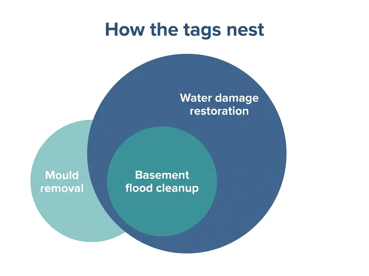 Flat nested diagram: a large circle labelled water damage restoration with a smaller basement flood cleanup circle drawn entirely inside it, and a mould removal circle that overlaps both and also extends outside the large circle