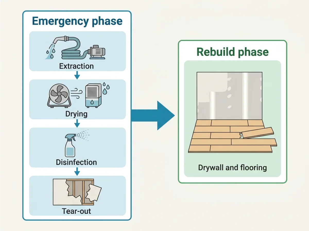 Flat two-stage process diagram, a first panel headed emergency phase with extraction, drying, disinfection and tear-out in sequence, an arrow leading to a second panel headed rebuild phase with drywall and flooring
