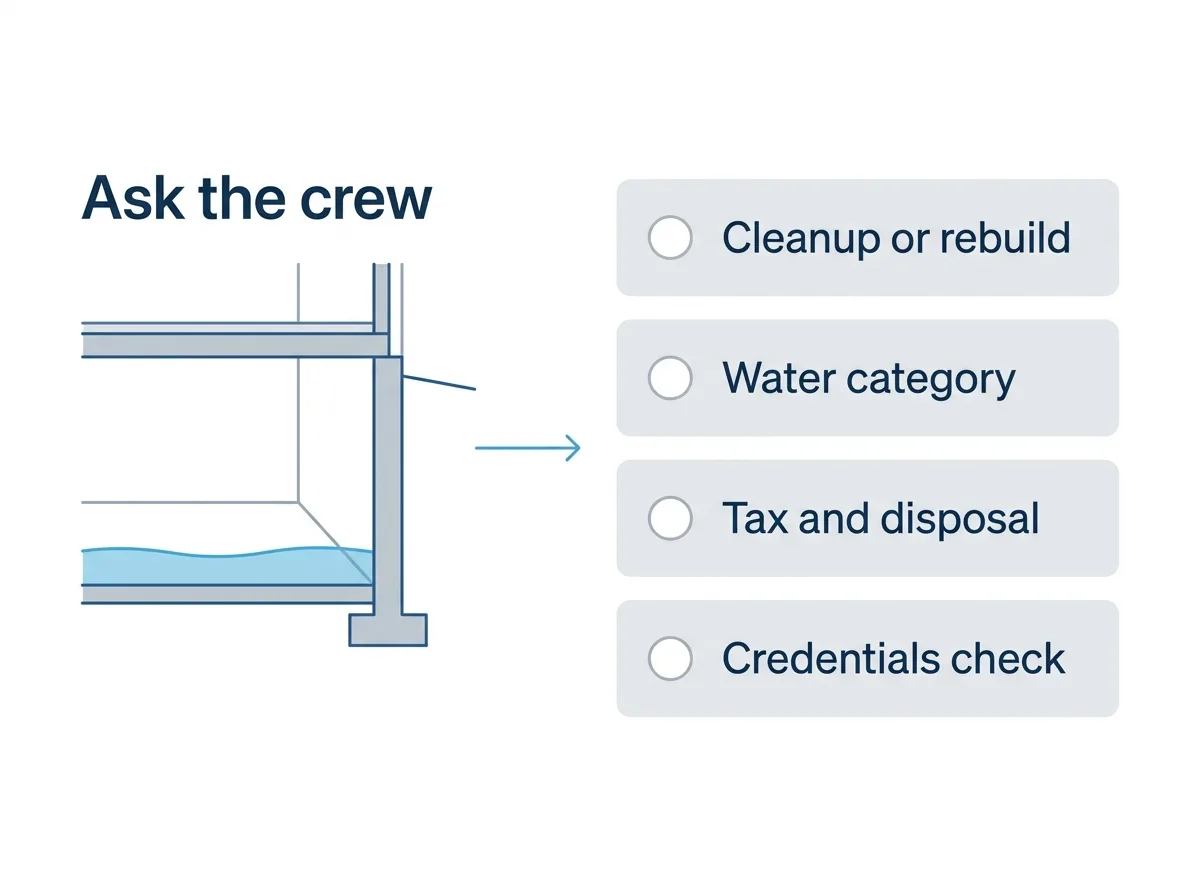Flat checklist diagram of four stacked cards beside a flooded basement outline, the cards reading cleanup or rebuild, water category, tax and disposal, and credentials check, each with an empty tick box