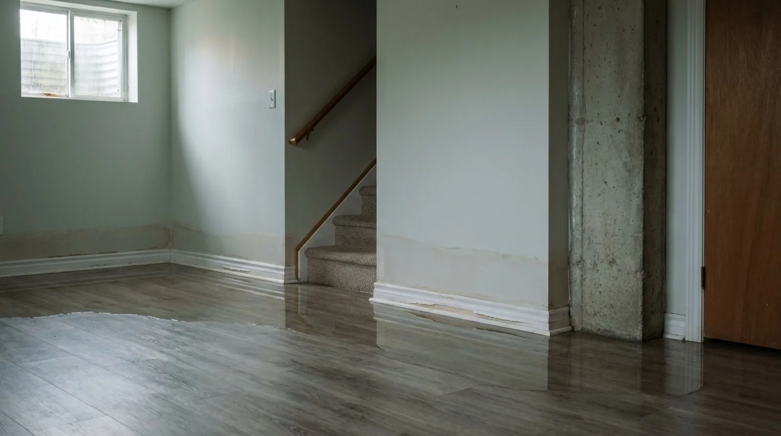 A finished basement in a Toronto house with a thin sheet of standing water across the floor, a dark waterline along the lower drywall and the stairs rising out of the water in the background