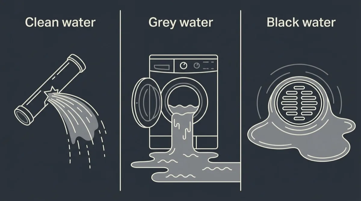 Flat three-panel diagram of the water categories, showing a burst supply pipe, an overflowing washing machine and a backing-up floor drain, each panel headed clean water, grey water and black water