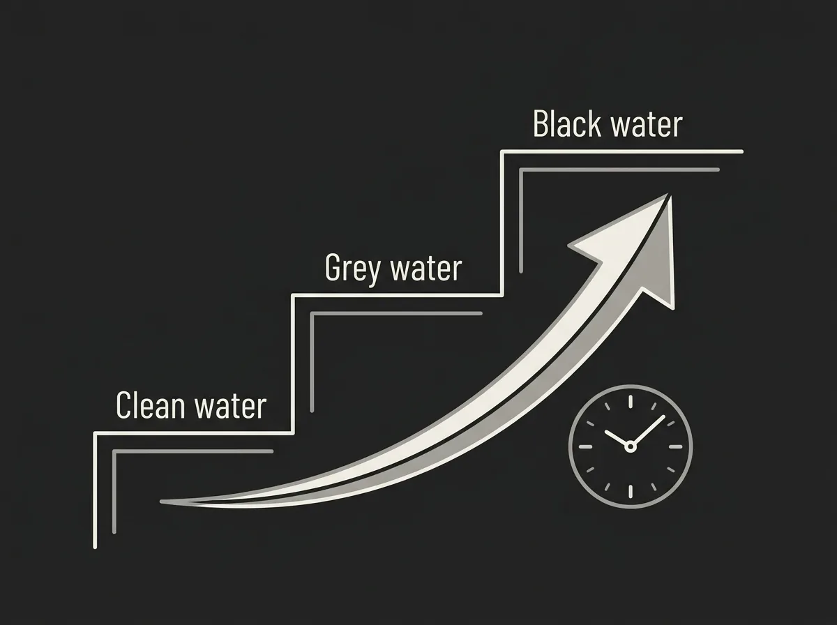 Flat diagram of a rising staircase of three steps labelled clean water, grey water and black water, with a one-way arrow running up the steps and a small clock icon beside the arrow