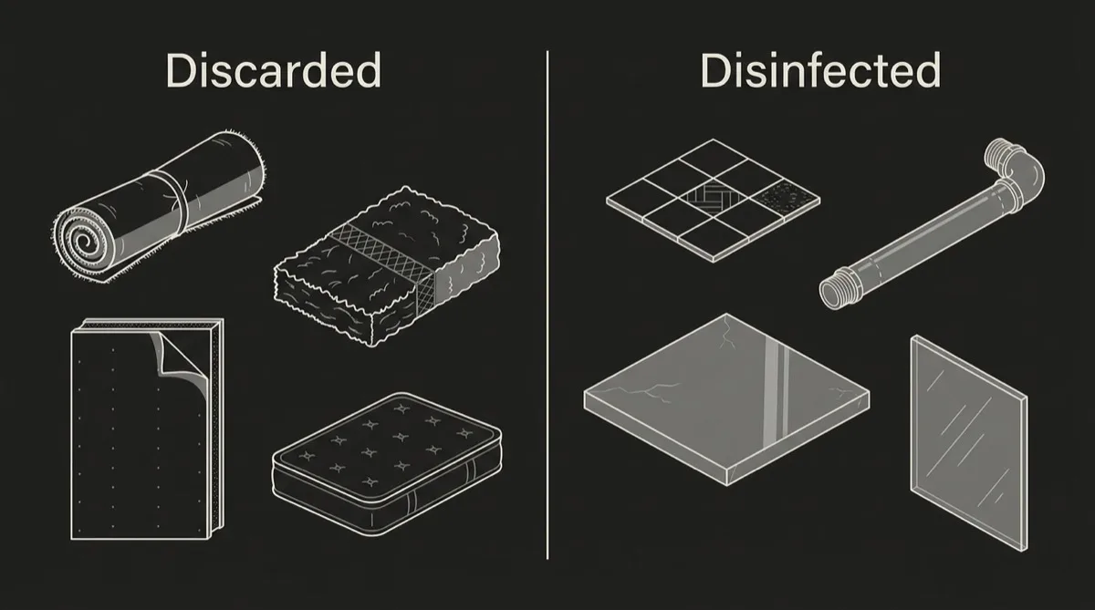 Flat split diagram with a dividing line, one side collecting carpet, underpad, drywall, batt insulation and a mattress under the heading discarded, the other side collecting tile, sealed concrete, metal and glass under the heading disinfected