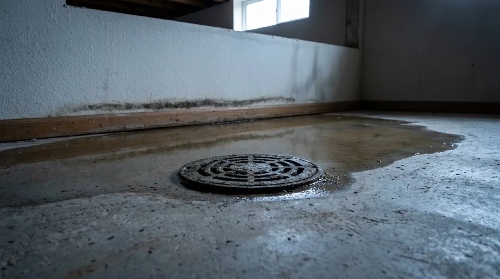 A basement floor drain set in bare concrete with shallow murky water pooled around it, a dark tide line staining the drywall just above the baseboard behind it