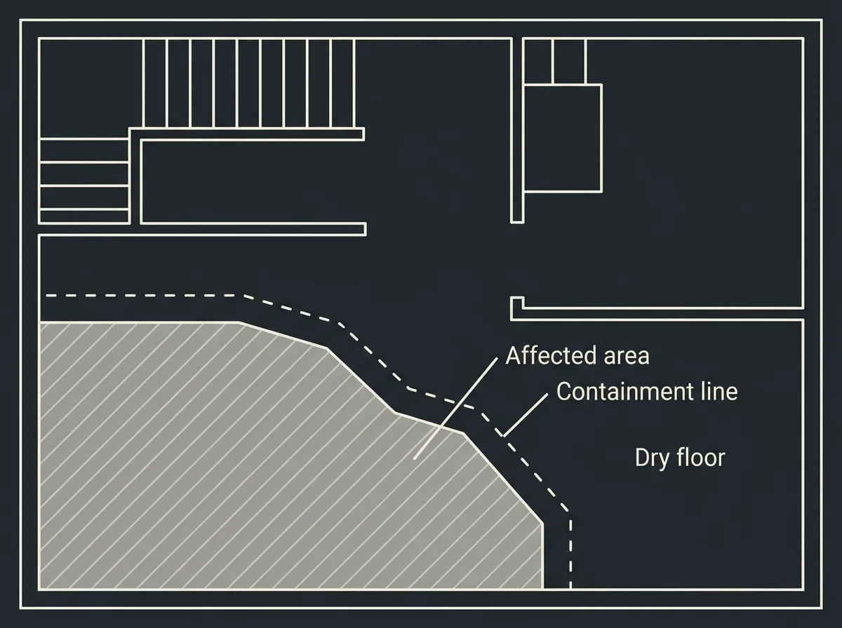 Flat diagram of a basement floor plan with the water-affected zone shaded, the containment line drawn around it, and the dry remainder of the floor left plain