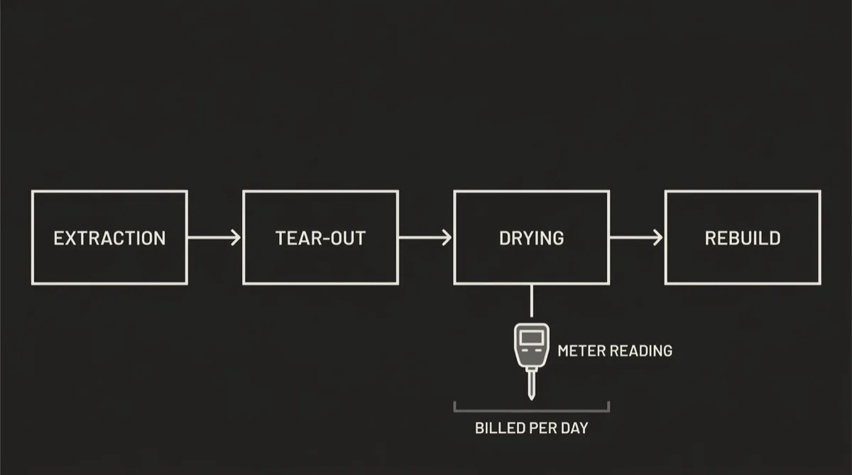 Flat process diagram of a water damage job running left to right through extraction, tear-out, drying with a moisture reading check, and rebuild, with the drying stage marked as the only one billed by the day