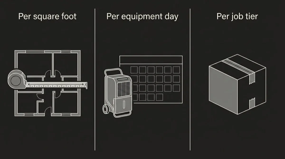 Flat comparison diagram with three labelled columns, per square foot showing a measuring tape over a floor outline, per equipment day showing a dehumidifier beside a calendar grid, and per job tier showing a sealed package box