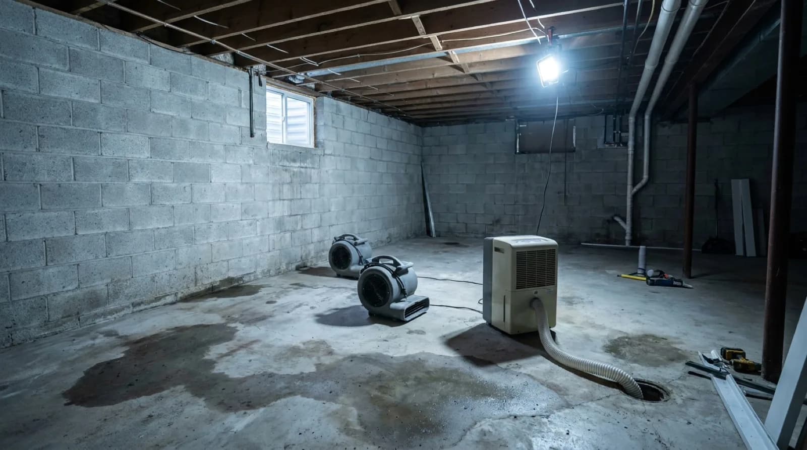 An unfinished basement with bare block walls and exposed floor joists, drying fans and a dehumidifier running on the concrete floor, lit by a single clamped work light