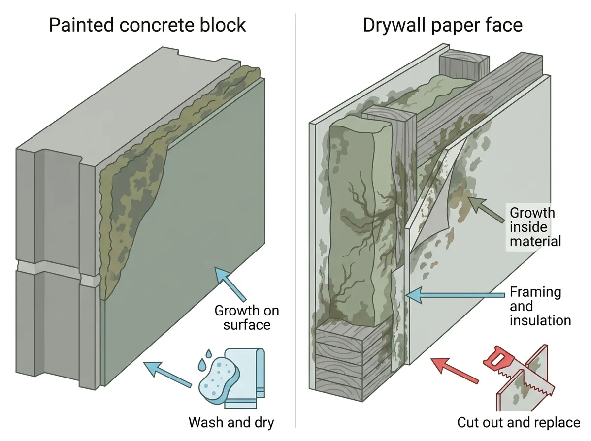 Flat cross-section diagram of a basement wall comparing growth on the face of painted concrete block with growth running through the paper face of drywall into the framing and insulation behind it