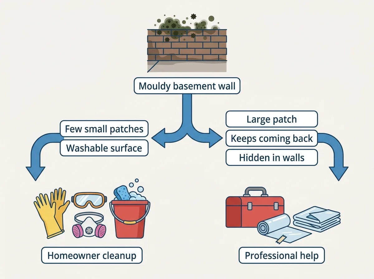 Flat decision diagram splitting a mouldy basement wall into two routes: a few small patches on a washable surface that a homeowner cleans, or a large, returning or hidden patch for a professional