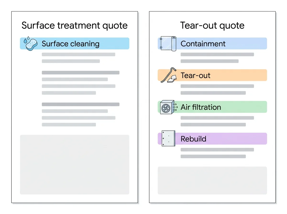 Flat side-by-side comparison of two contractor quotes for a basement wall, the left one listing only surface cleaning, the right one adding containment, tear-out, air filtration and rebuild as separate lines