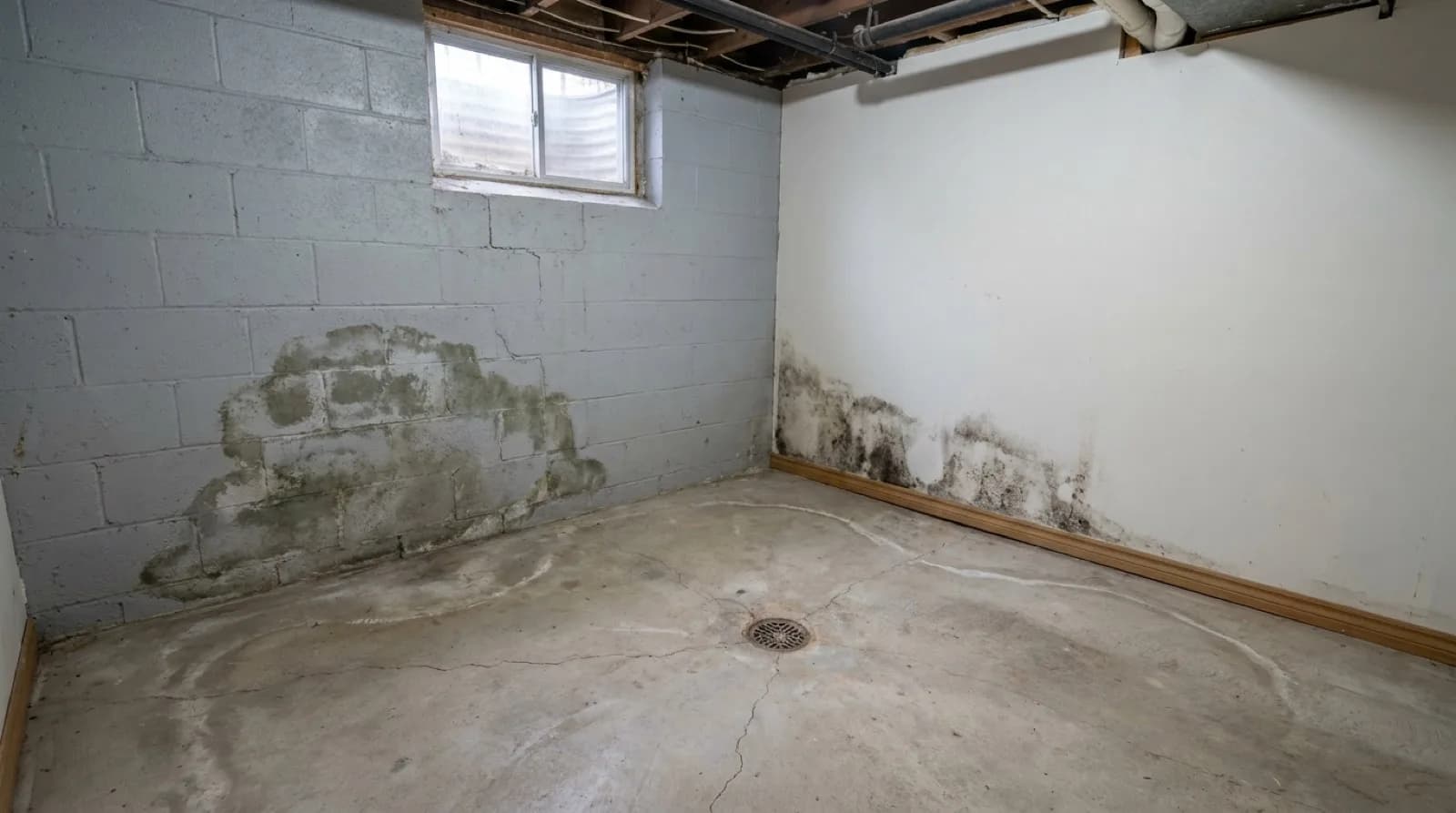 A patch of grey-green mould spreading across the lower part of a painted concrete block wall in an unfinished basement, with a strip of finished drywall wall beside it showing dark staining near the floor