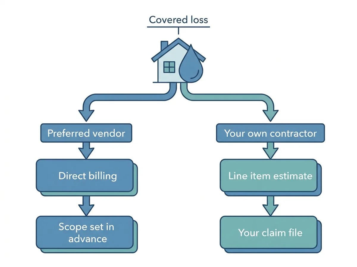 Flat decision diagram splitting a covered loss into two routes: the insurer's preferred vendor, or a contractor you choose who writes a line-item estimate for your claim file