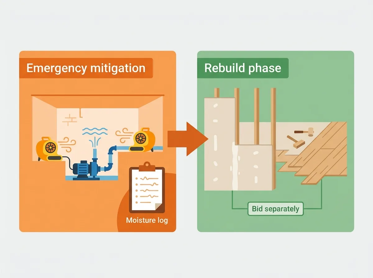 Flat two-stage diagram of a basement claim: emergency mitigation with a pump, drying fans and a moisture log, then an arrow to a rebuild phase with new drywall and flooring, marked bid separately