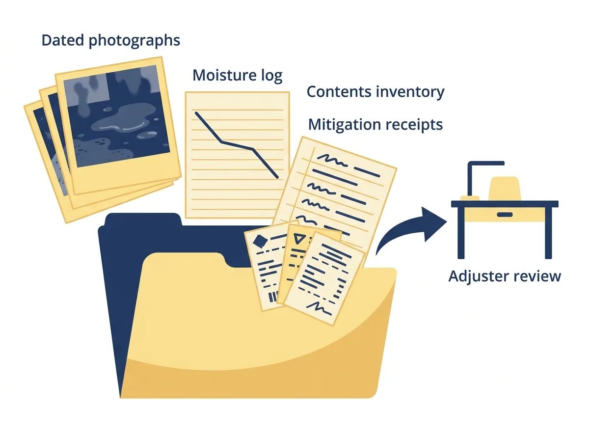 Flat checklist diagram of a claim file as an open folder holding four labelled items, dated photographs, a moisture log, a contents inventory and mitigation receipts, with an arrow to adjuster review