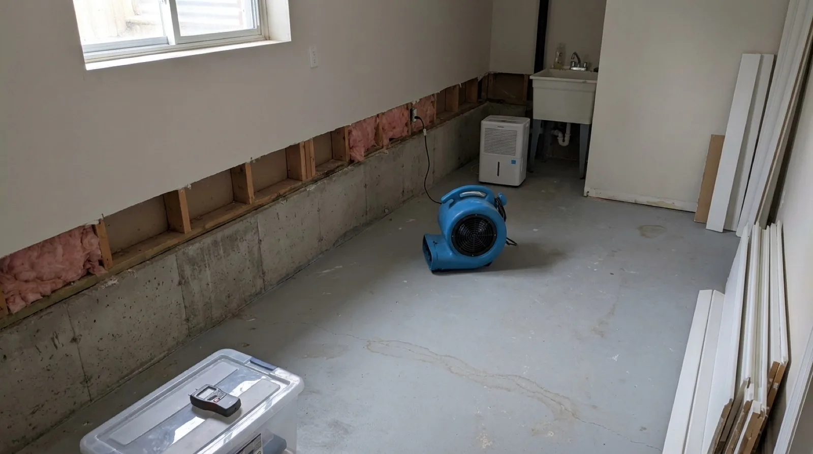 A Toronto basement partway through a water damage claim, the lower drywall cut away in a straight line to bare studs, a poured concrete floor, a drying fan running and a moisture meter resting on a plastic storage bin