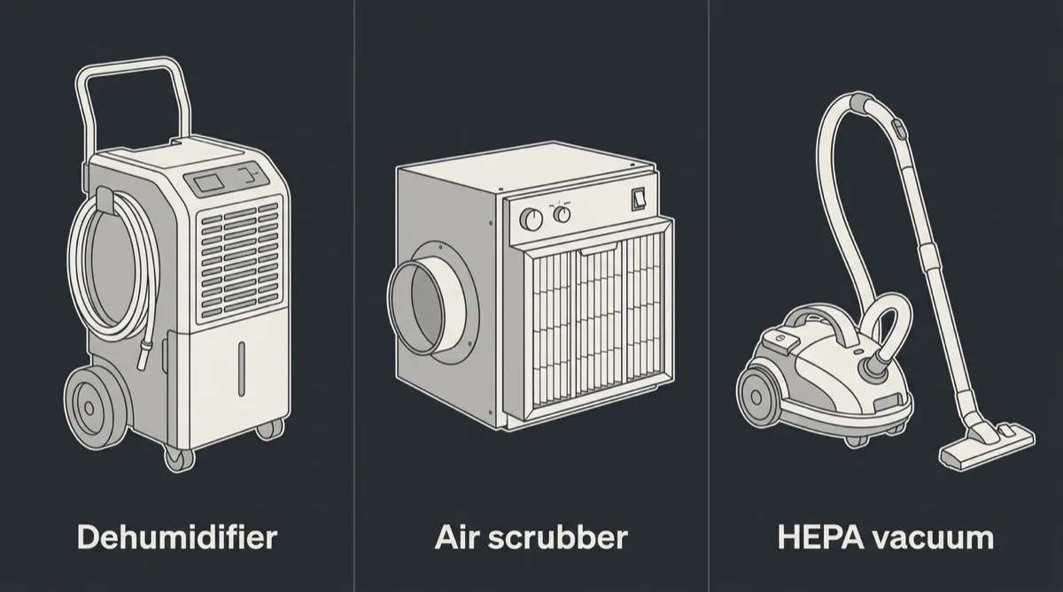 Flat diagram of three rental machines drawn side by side in outline, a low grain refrigerant dehumidifier, a HEPA air scrubber with a duct collar, and a canister HEPA vacuum, each with a short label beneath it