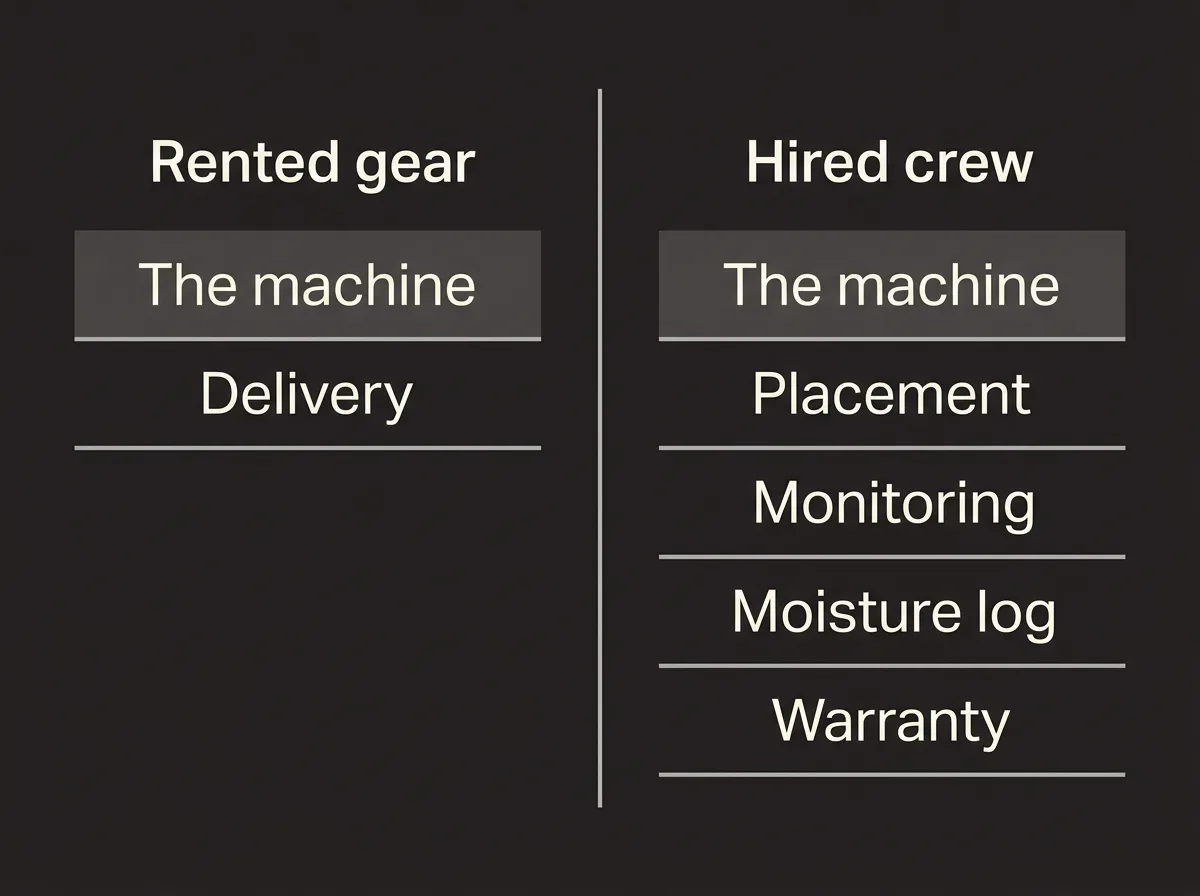 Flat side-by-side comparison, one column headed rented gear listing the machine and the delivery, the other headed hired crew listing the machine plus placement, monitoring, a moisture log and a warranty