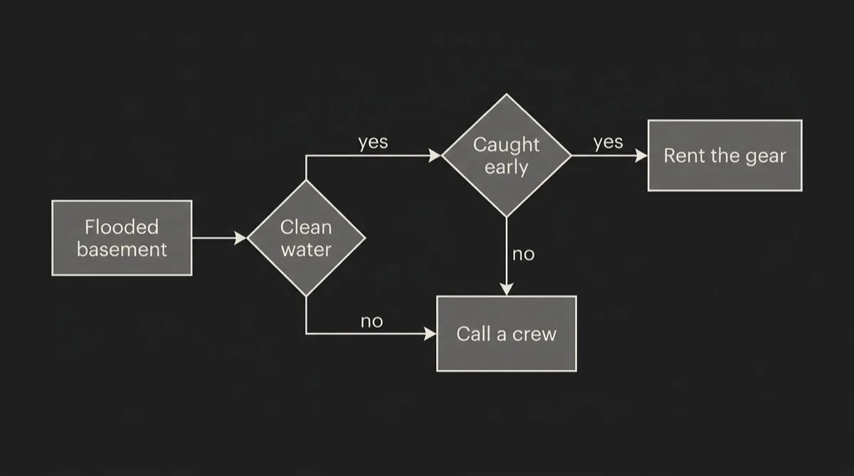Flat decision-tree diagram starting from a flooded basement, branching on whether the water is clean, then on whether it has been standing, with one branch ending at rent the equipment and the others ending at call a crew