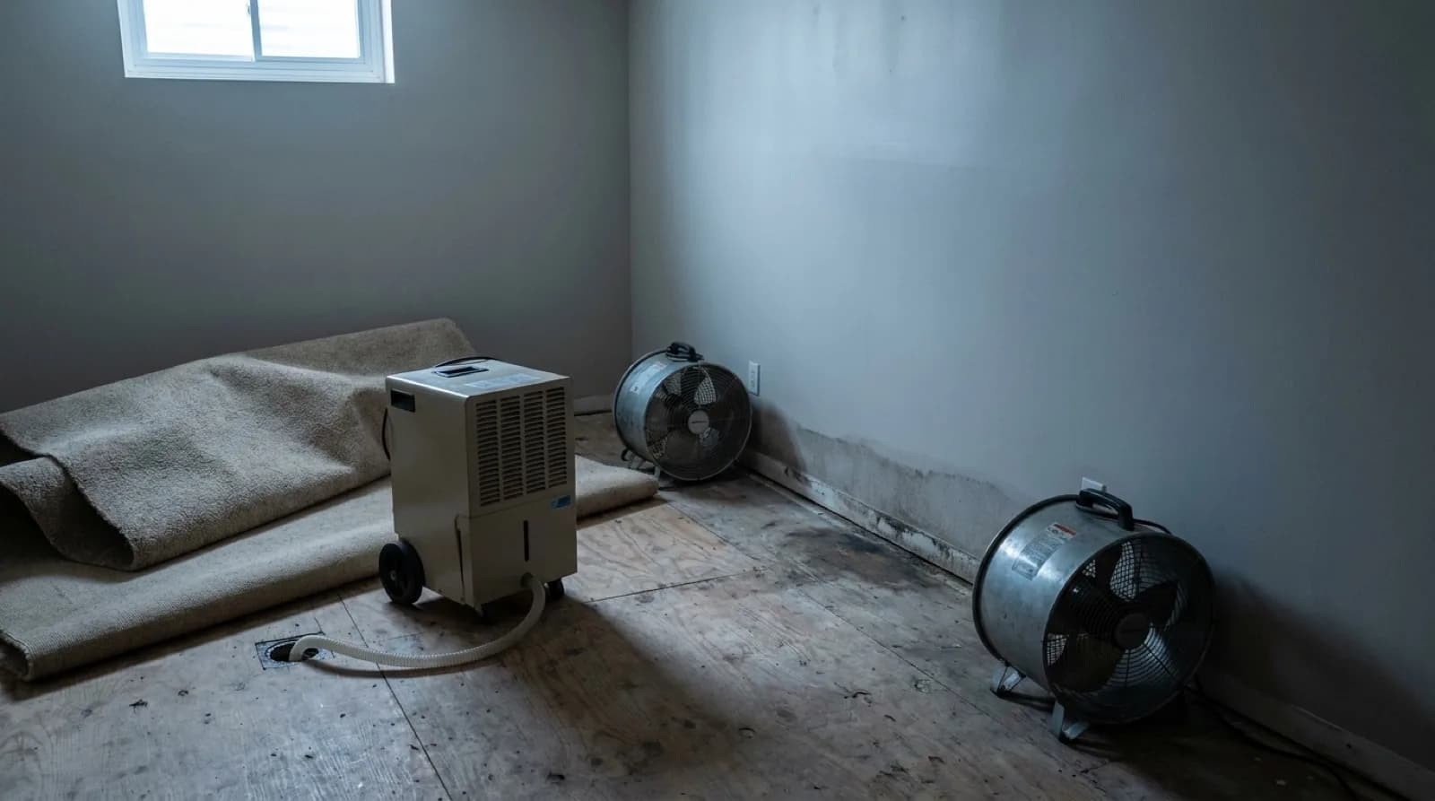 A basement with the carpet rolled back off the underpad onto bare subfloor, a squat dehumidifier and two low drying fans running on the exposed boards