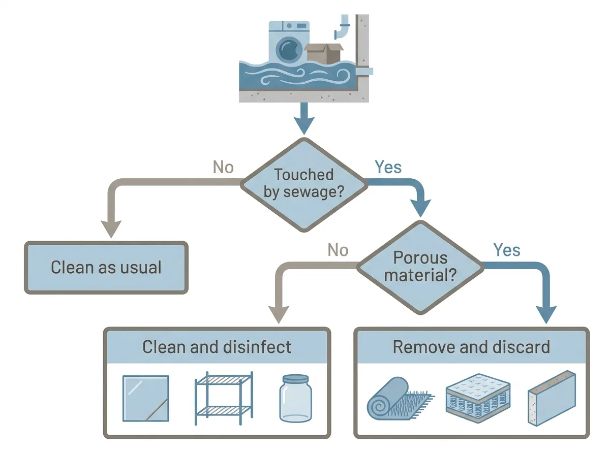 Flat decision-flow diagram for an item in a sewage-flooded basement, asking whether sewage touched it and whether it is porous, ending at remove and discard or at clean and disinfect