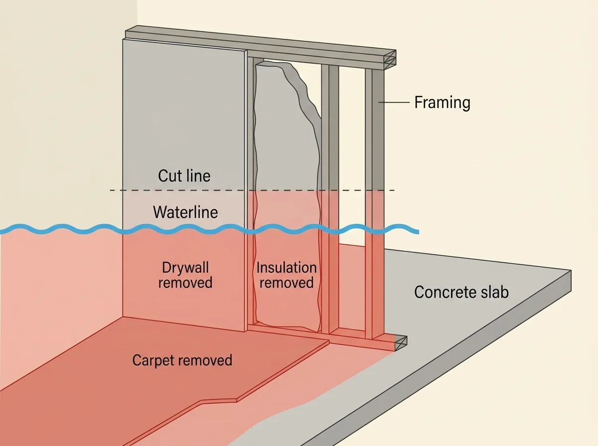 Flat cross-section of a finished basement wall on a concrete slab, with drywall, insulation and carpet below a cut line shaded for removal and the framing and slab exposed
