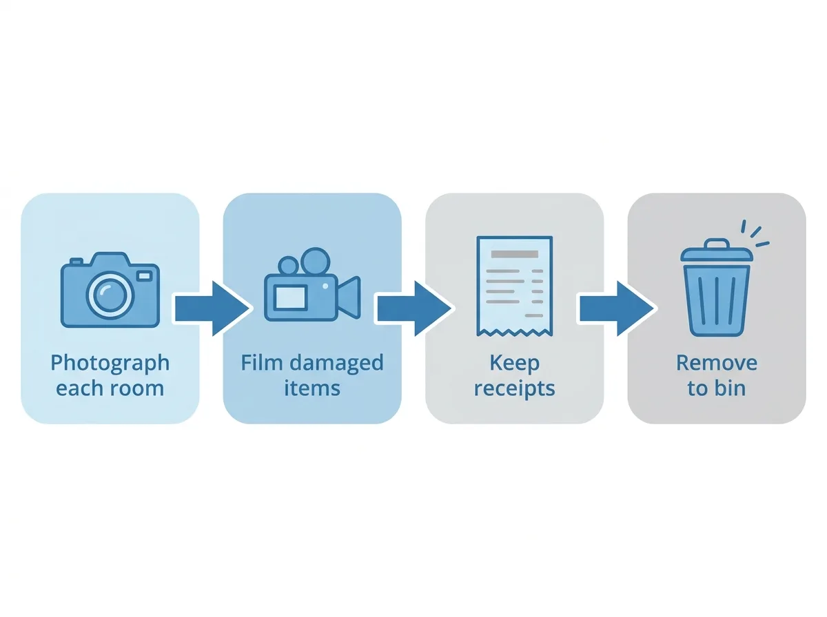 Flat left-to-right process diagram of the record kept before disposal: photograph each room and damaged items, keep receipts, then remove contaminated material to the bin
