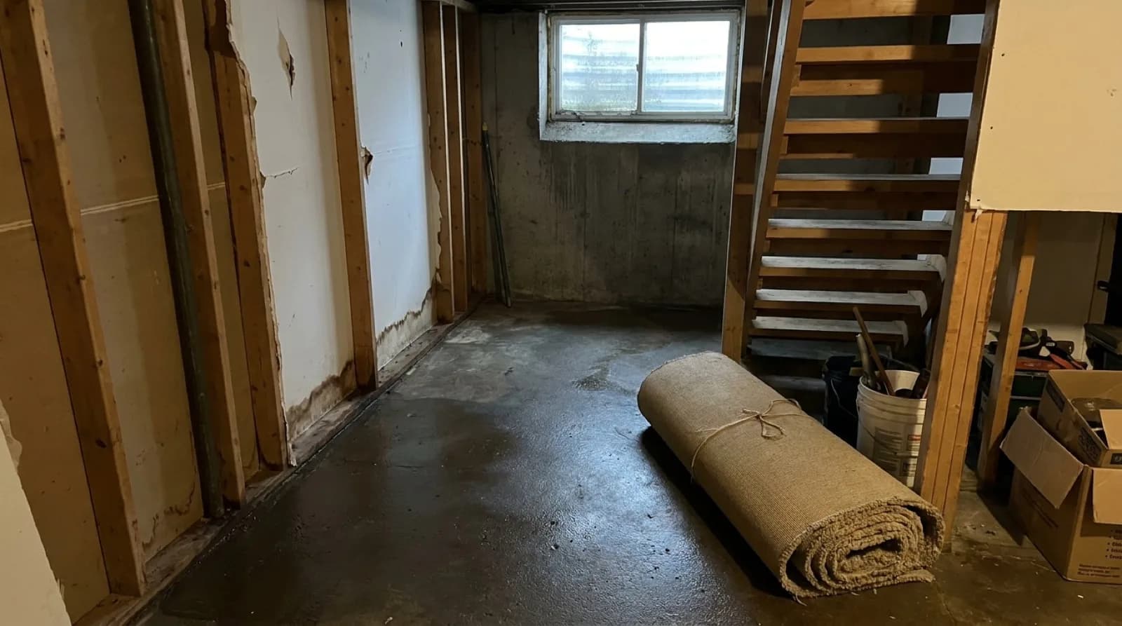 A partly finished basement with a poured concrete floor, a strip of drywall cut away along the bottom of a wall above a dark tide line, and a rolled-up wet carpet waiting by the stairs