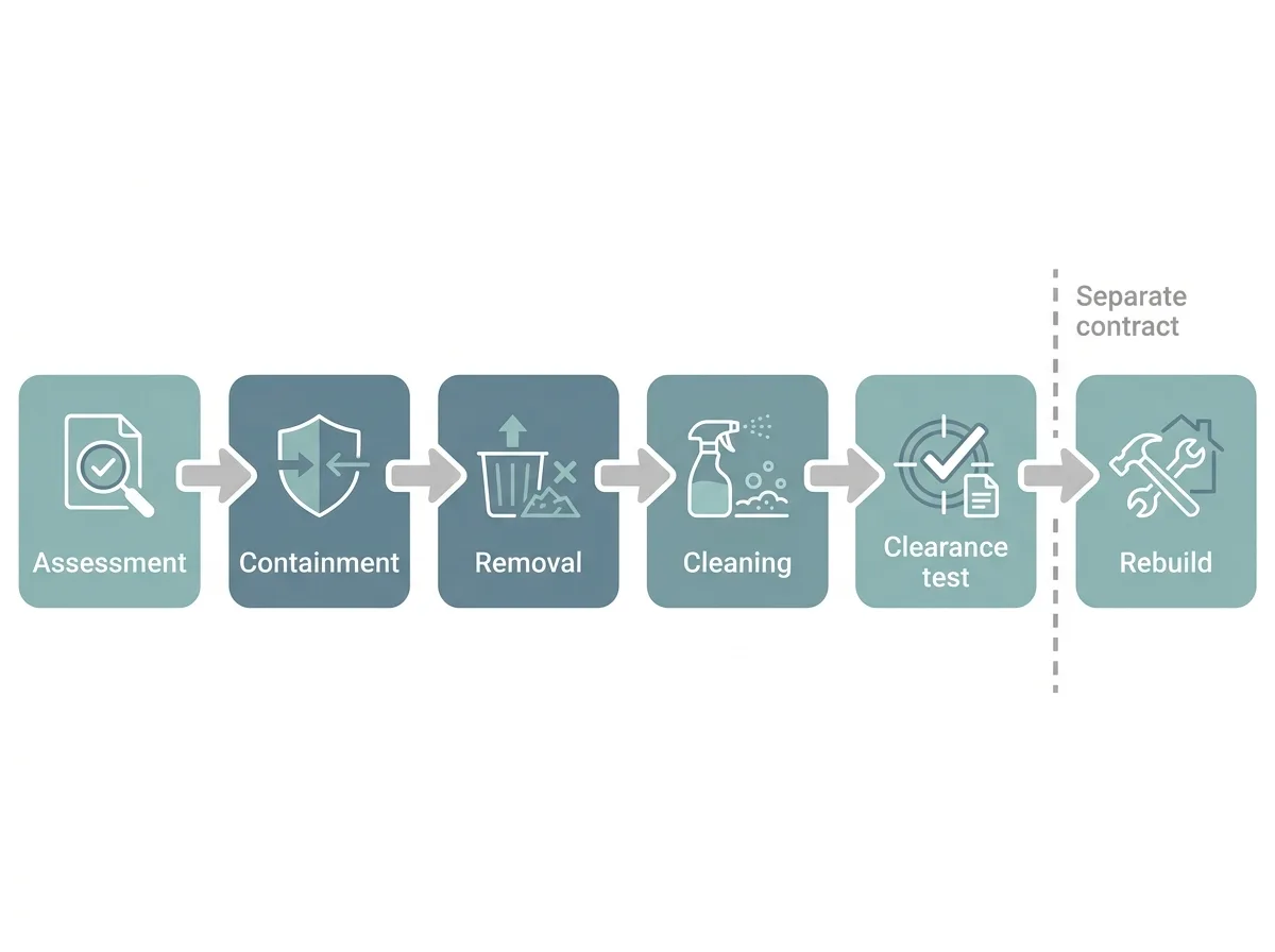 Flat left-to-right process diagram of a mould remediation job in six labelled stages: assessment, containment, removal, cleaning, clearance test and rebuild, with the rebuild stage drawn apart from the other five