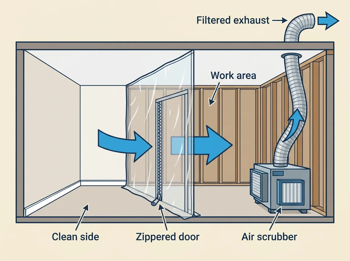 Flat cross-section diagram of a basement room divided by a plastic sheet wall with a zippered door, an air scrubber on the sealed side, and arrows showing air drawn into the work area rather than out
