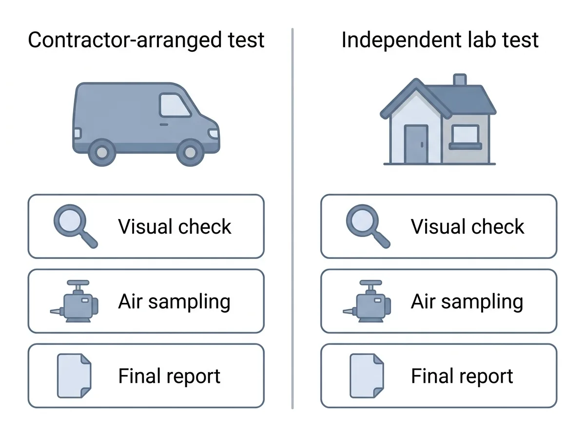 Flat side-by-side comparison diagram of two clearance test routes, one labelled contractor-arranged test and one labelled independent lab test, each showing a visual check, air sampling and a final report