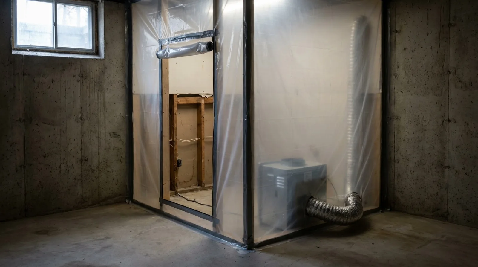An unfinished basement corner sealed off with clear plastic sheeting and a zippered doorway, an air scrubber on the concrete floor and cut-away drywall exposing bare wood studs