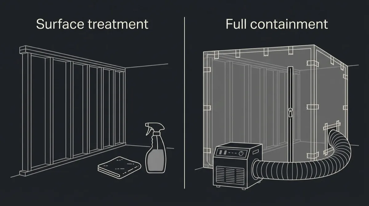 Flat side-by-side diagram, one half showing an open basement wall of bare studs being wiped down, the other half showing the same wall sealed inside taped sheeting with a zippered entry and a negative air machine ducted outside