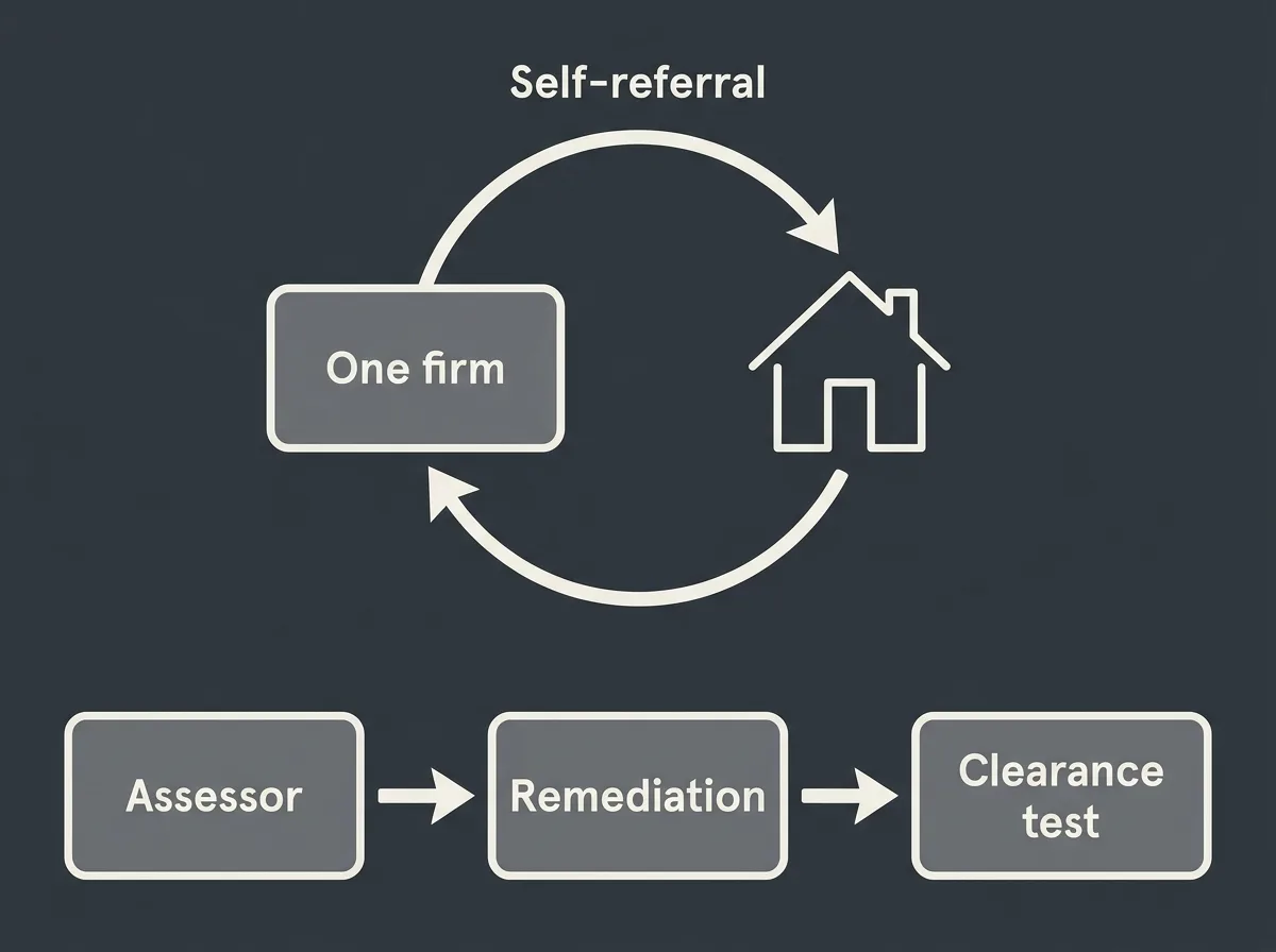 Flat diagram contrasting two arrangements, one where a single firm both inspects and removes and then tests its own work in a closed loop, and one where an independent assessor, the remediation firm and a separate clearance tester sit in a straight line