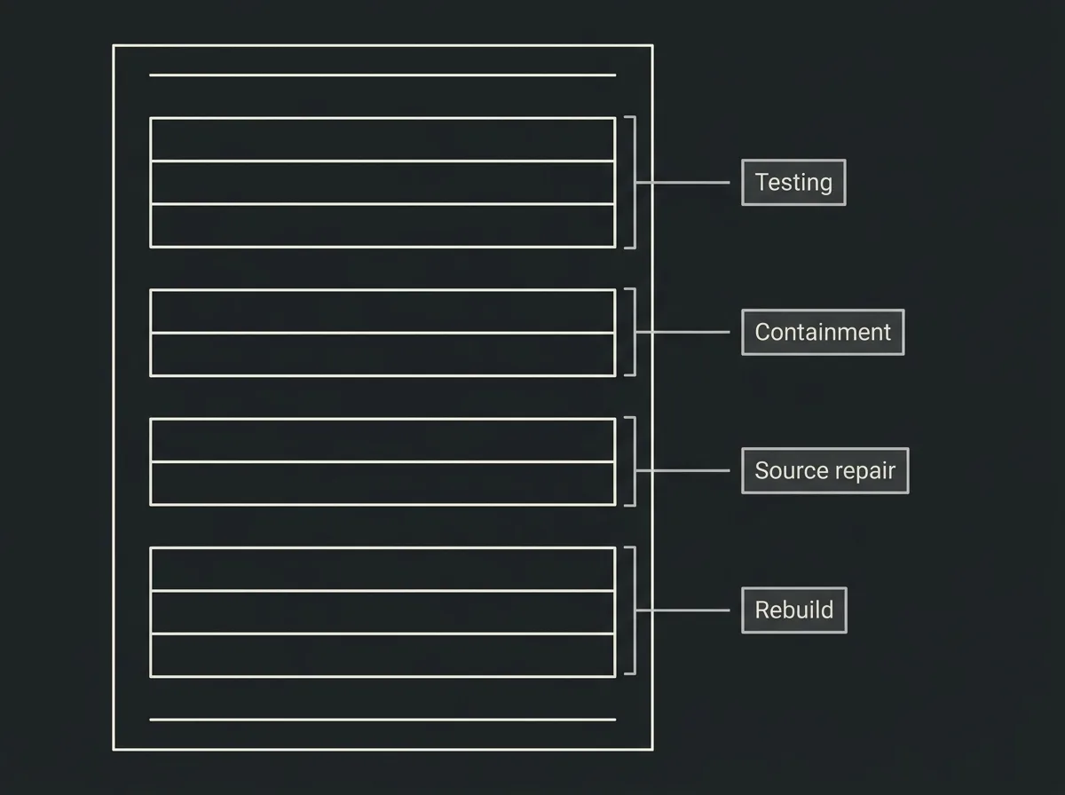 Flat diagram of a quote sheet ruled into blank line-item rows, with four groups of rows bracketed at the right edge and each bracket labelled testing, containment, source repair and rebuild