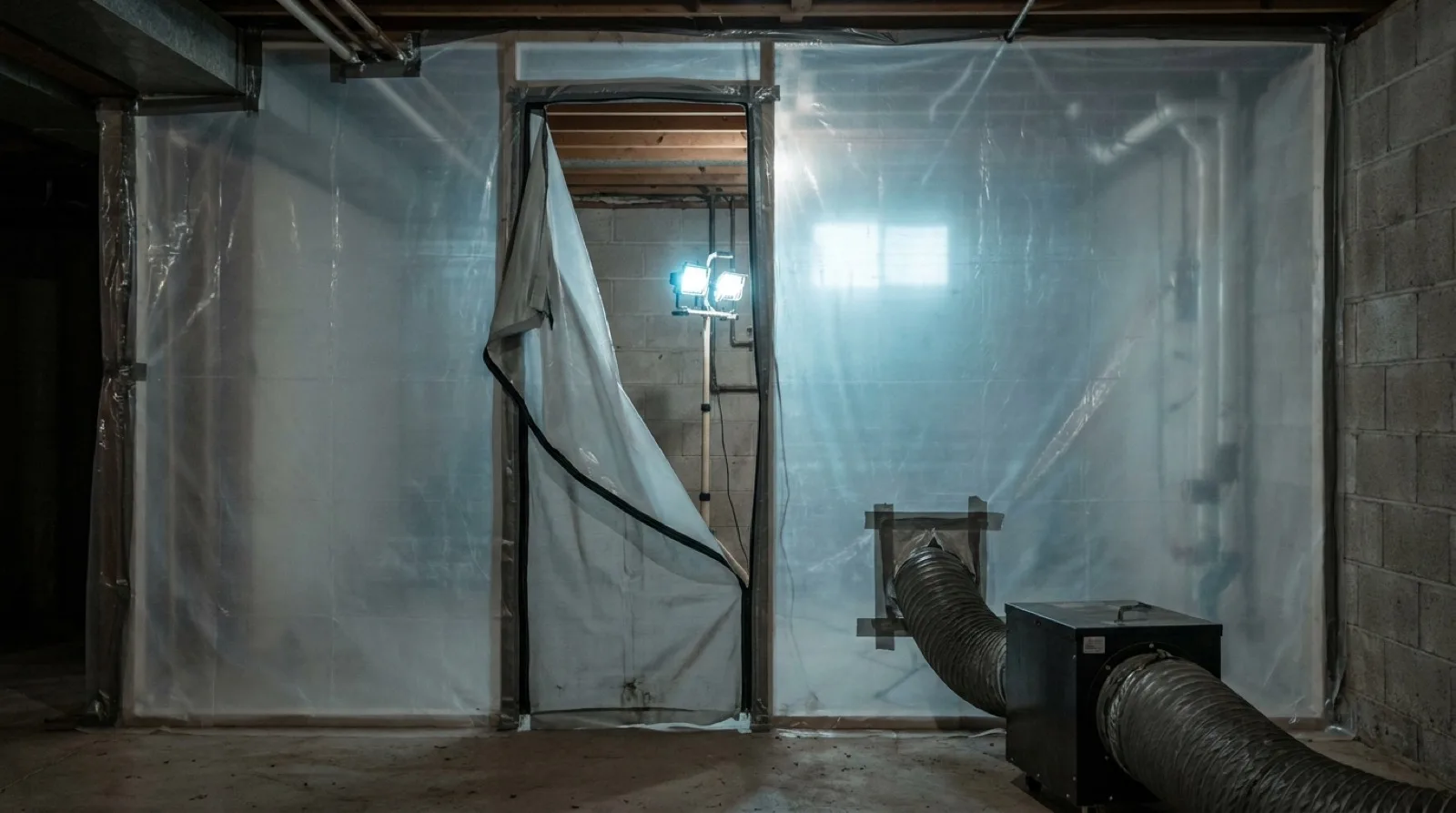 A basement doorway sealed floor to ceiling with taped polyethylene sheeting and a zippered entry panel, with a negative air machine and flexible ducting running through the plastic