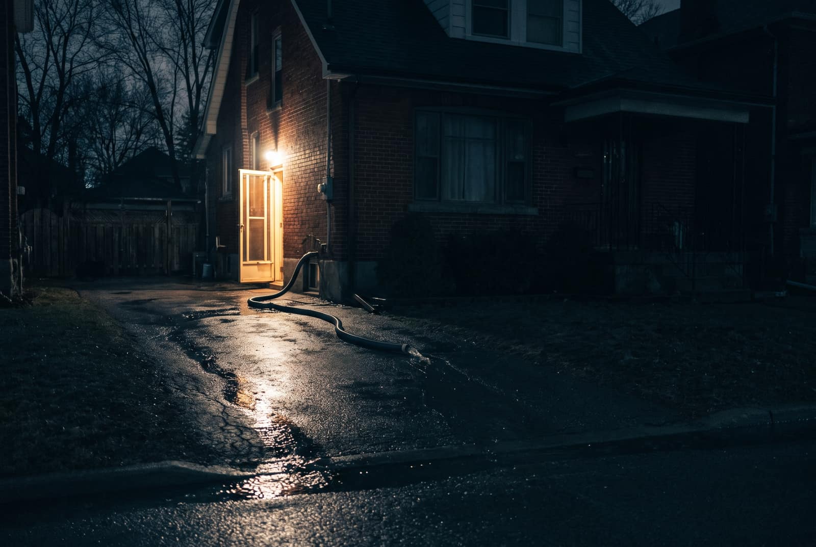 A Toronto brick house at night seen from the driveway, nobody in the frame. The side door stands open with warm light spilling out, a sump discharge hose runs out across the wet asphalt, and water tracks down the slope toward the street.