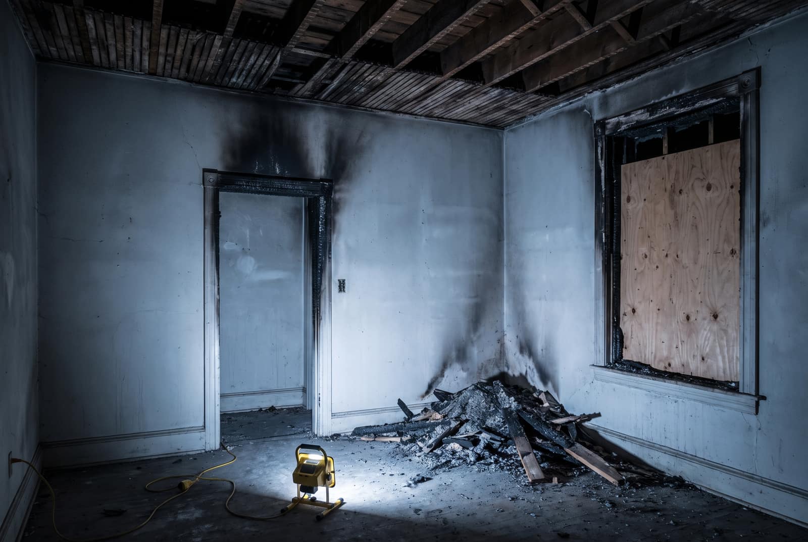 The inside of a fire-damaged room at night, long after the fire is out. Soot has blackened the wall in a plume above a charred doorway, the ceiling is stripped back to bare joists, plywood covers a burnt-out window, and debris is swept into one pile beside a single work light on the floor.