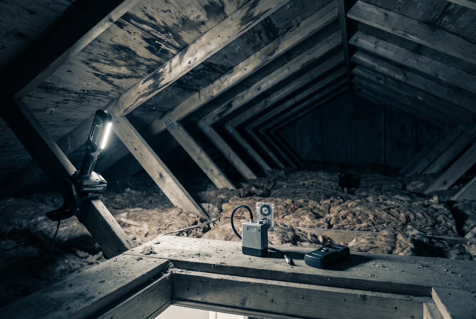 An attic at night seen from the hatch, nobody in the frame. The roof sheathing between the rafters is darkly stained, and an air sampling pump with a spore trap cassette sits on a joist beside a handheld meter, lit by one work light clamped to a truss.