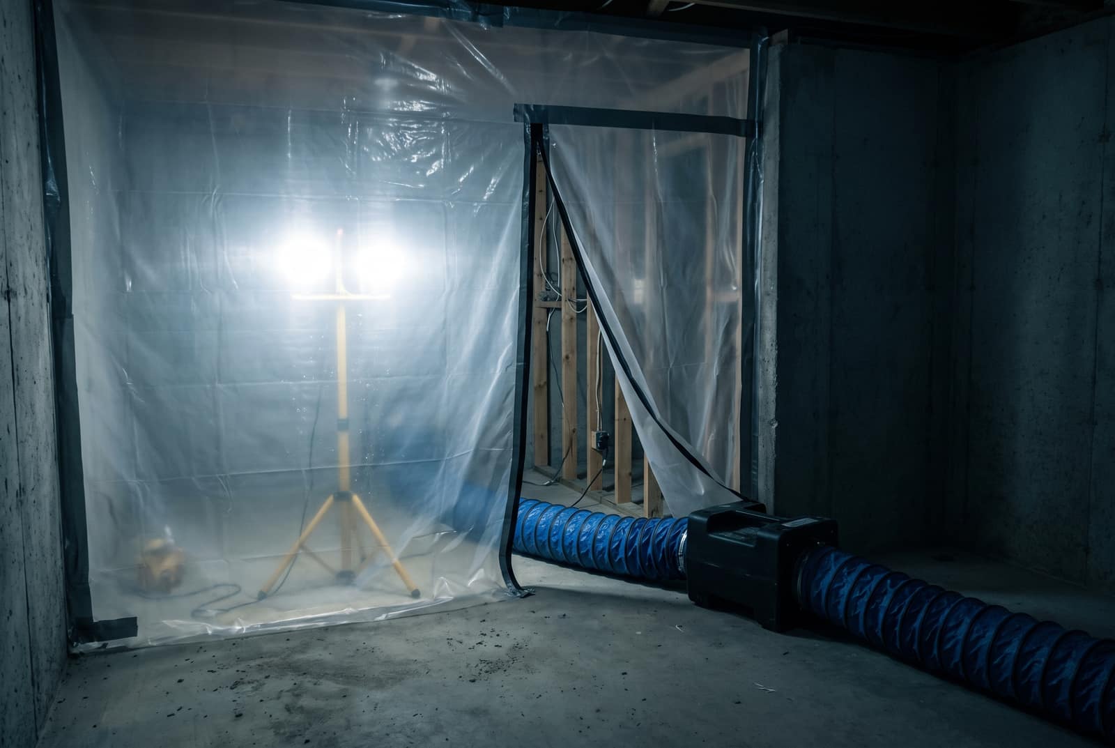 An empty basement at night sealed off with taped polyethylene sheeting from floor to ceiling. A work light standing behind the plastic makes it glow; a zippered entry panel hangs half open onto stripped studs, and a negative air machine sits on the concrete with blue lay-flat ducting running away from it.