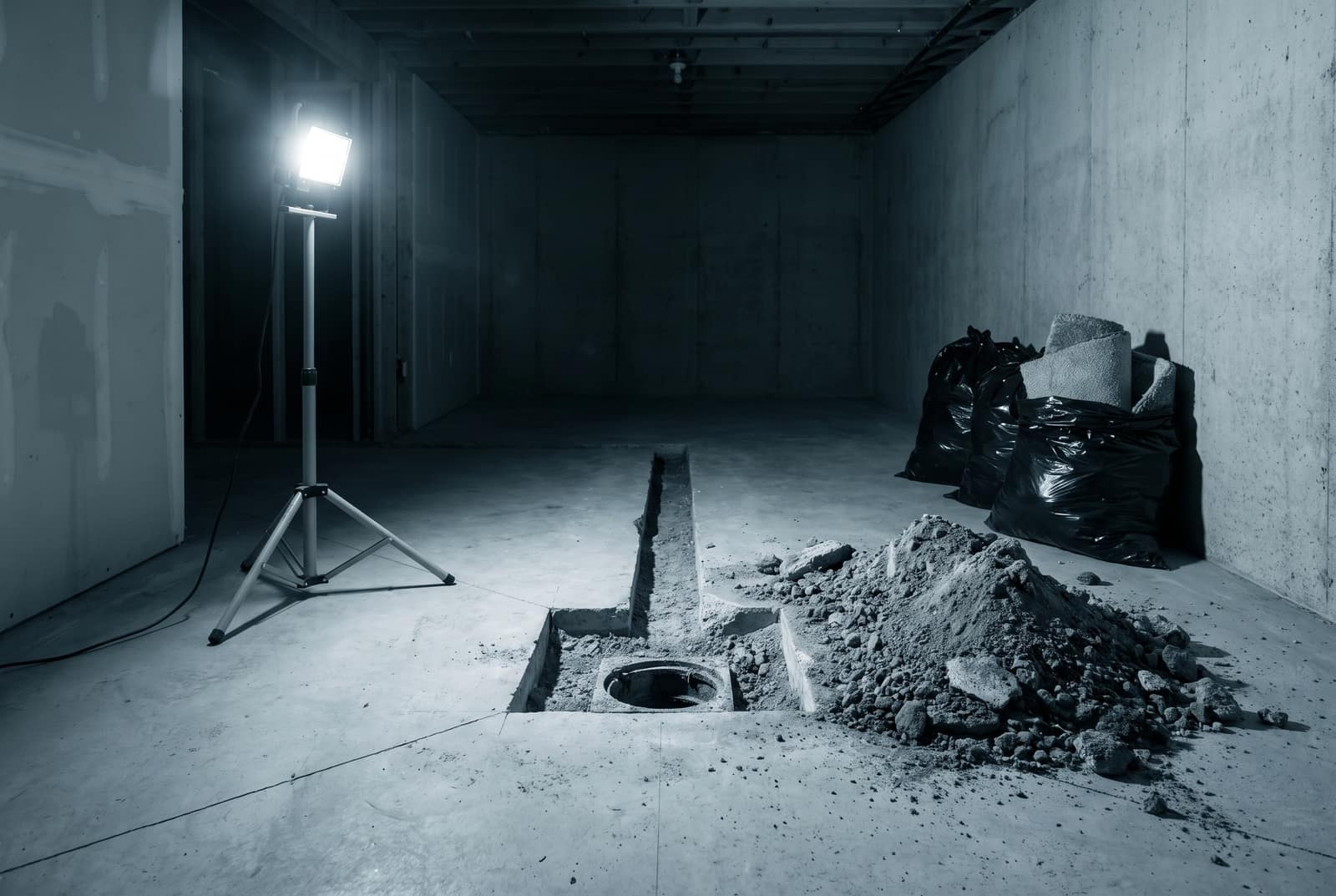 An empty stripped basement at night, lit by one work light on a tripod. A saw-cut trench has been opened across the concrete slab to an exposed floor drain, spoil is heaped beside it, and bagged carpet and underpad are stacked against the far wall.