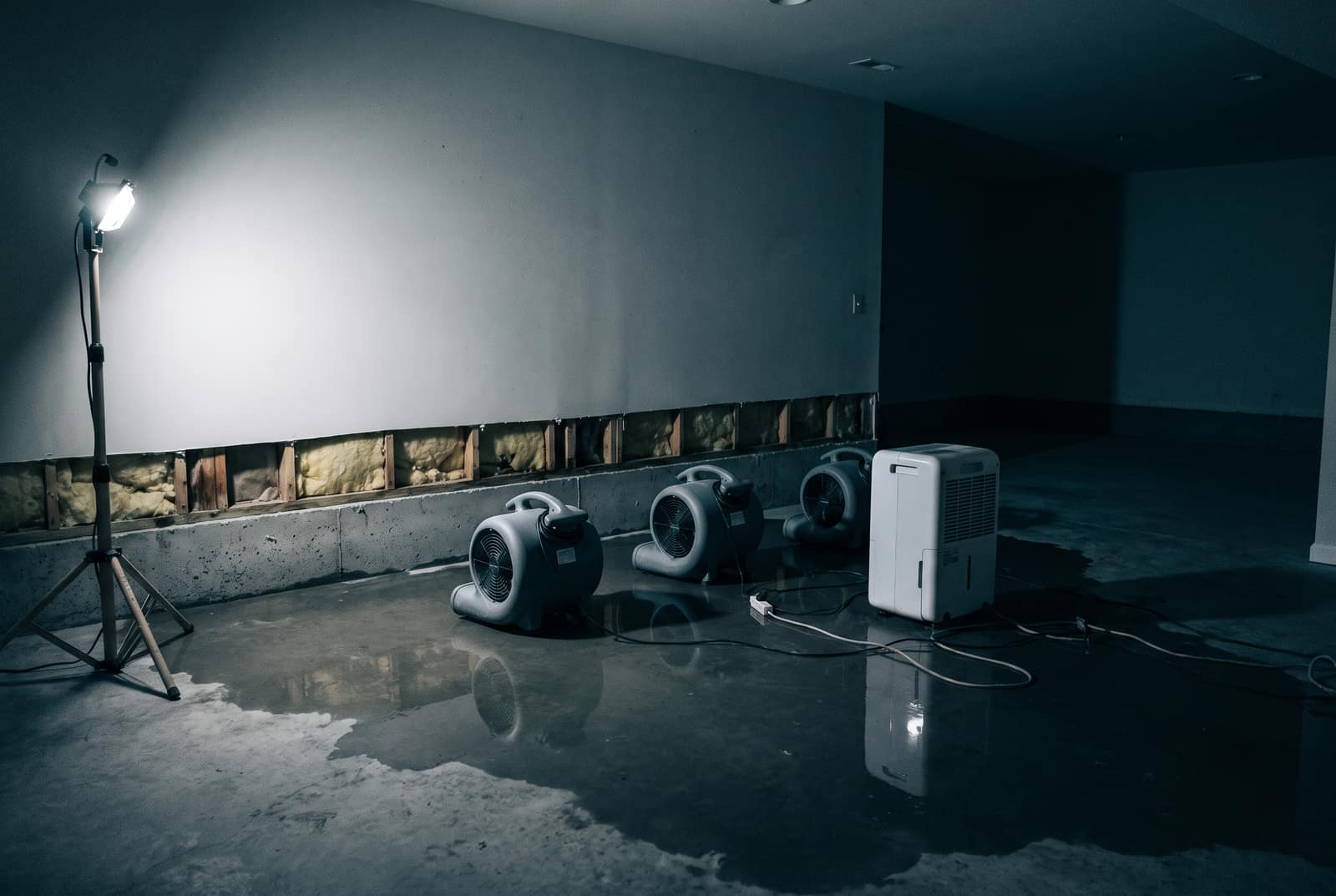 An empty residential basement at night, lit by one work light on a tripod. Standing water has been pulled back to a wet sheen on the concrete, the drywall is cut away in a straight line a foot above the floor with the studs and insulation showing, and three air movers and a dehumidifier are running against the wall.